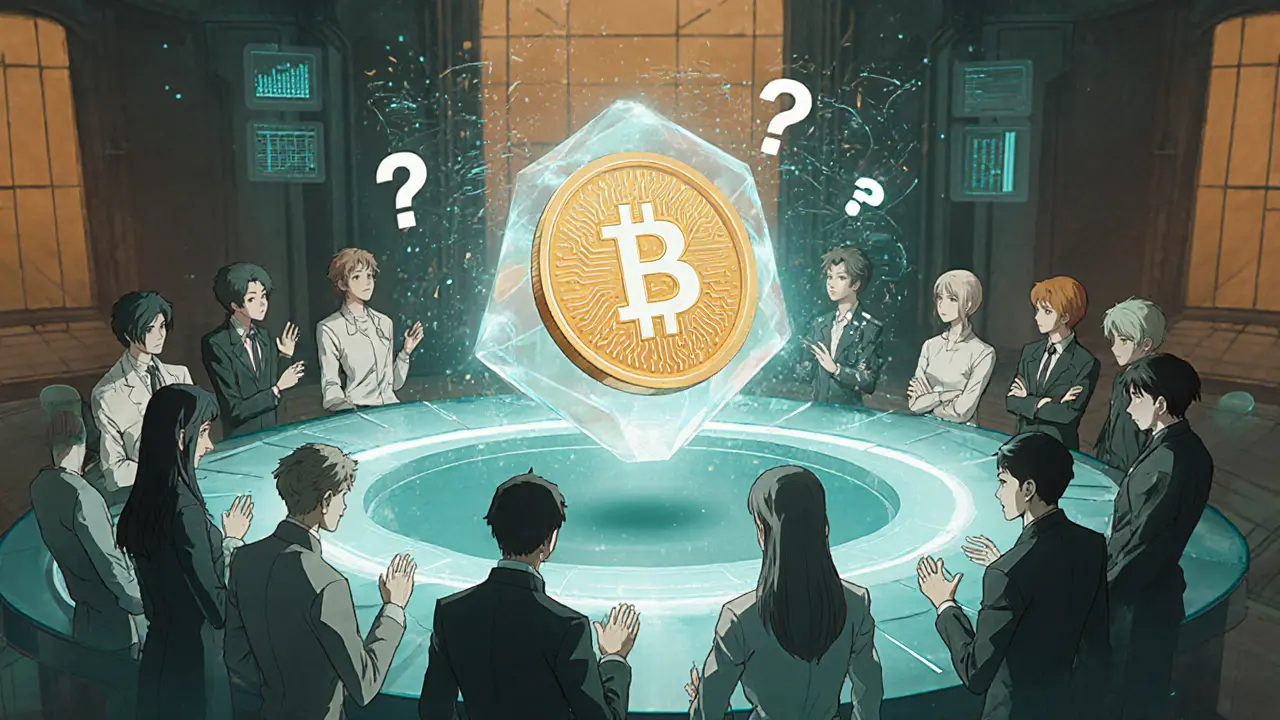 Council of characters discussing a glowing WSD token surrounded by vague charts.