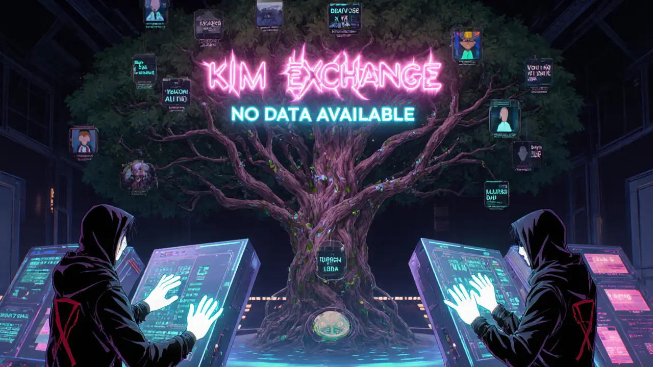 DeFi users in cyberpunk gear manipulating plugin panels under a flickering sign that reads &#039;KIM EXCHANGE - NO DATA AVAILABLE&#039;.