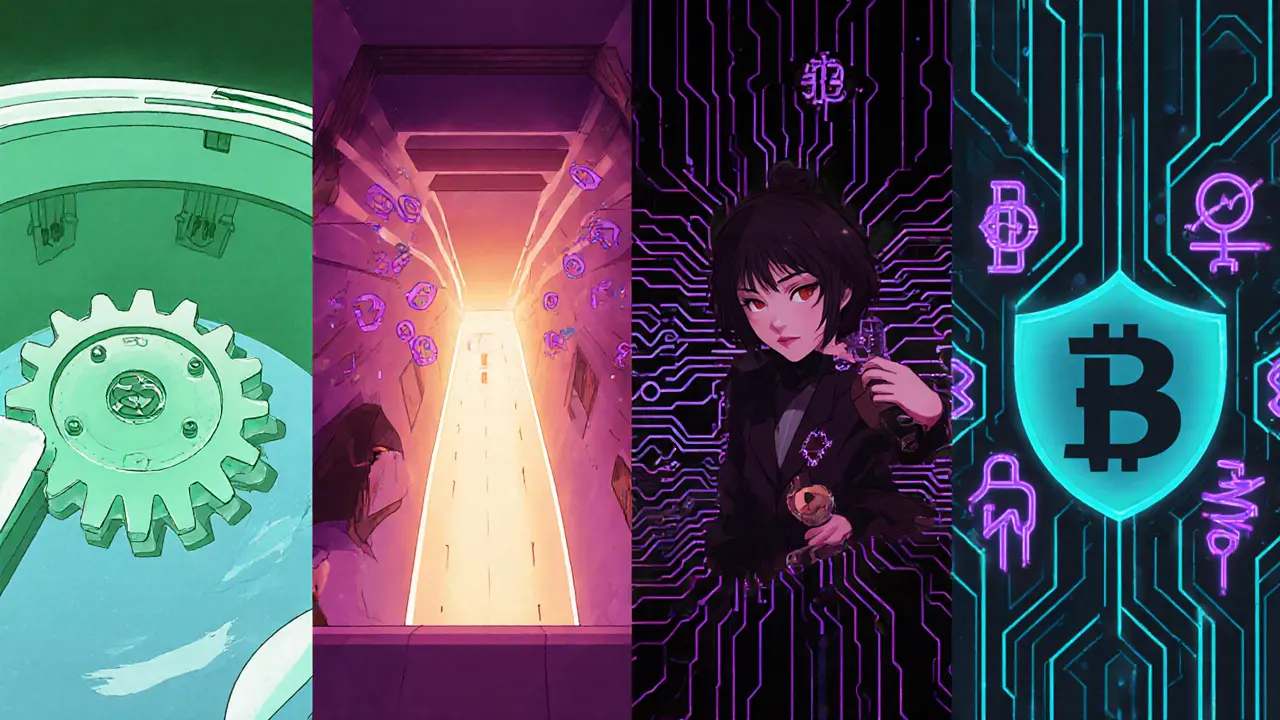 Four anime engineers illustrate Uniswap V2, V3, Curve, and Bancor AMM designs with loss icons.