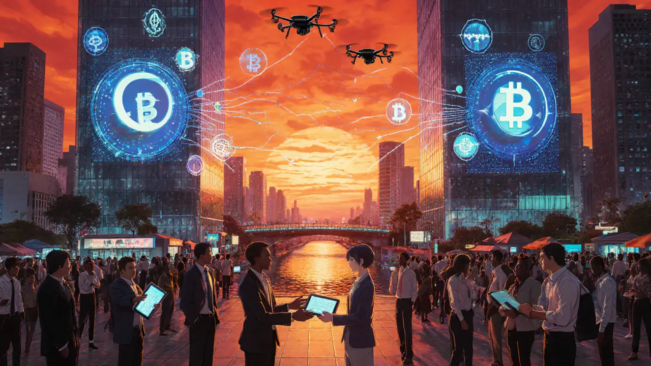 Futuristic Lagos fintech district with anime characters celebrating crypto innovation.