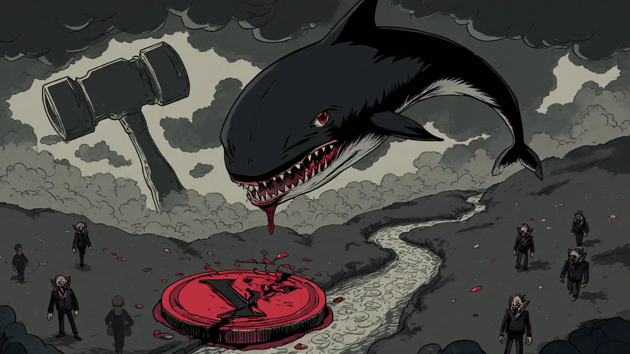 Huge vampire whale towering over a cracked VON coin, symbolizing liquidity risk.