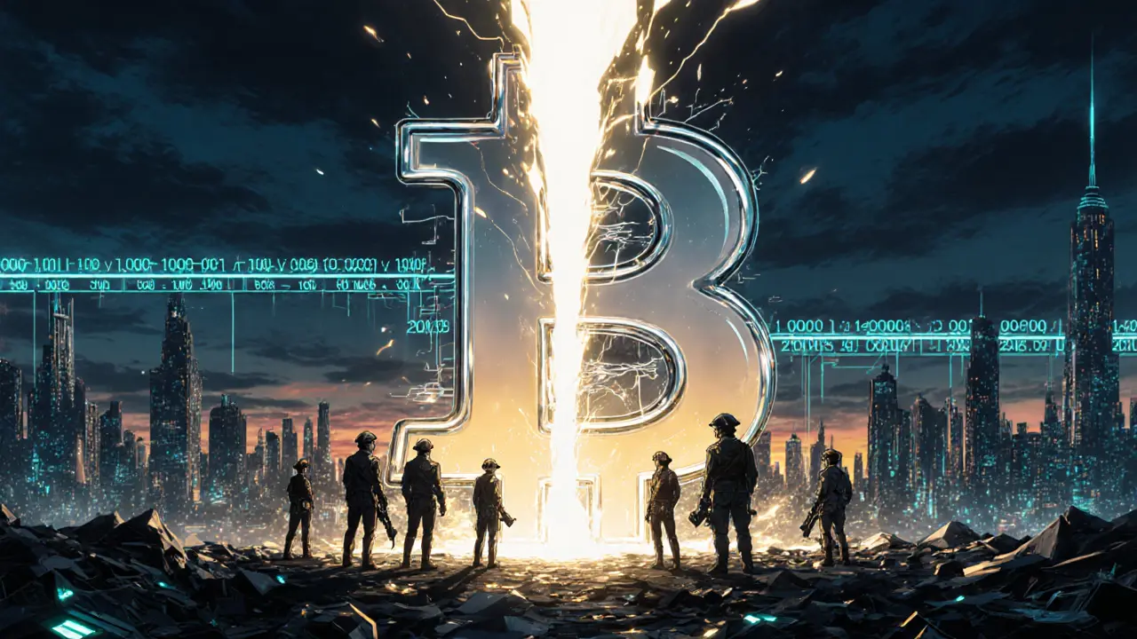 Massive Bitcoin logo splitting in half over a cyber‑city skyline, with miners watching.
