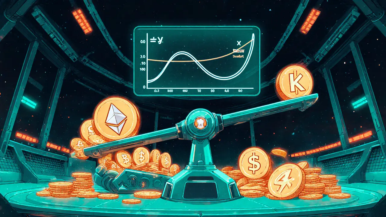 Mechanical AMM balance shows ETH and USDC swapping, illustrating x·y = k.
