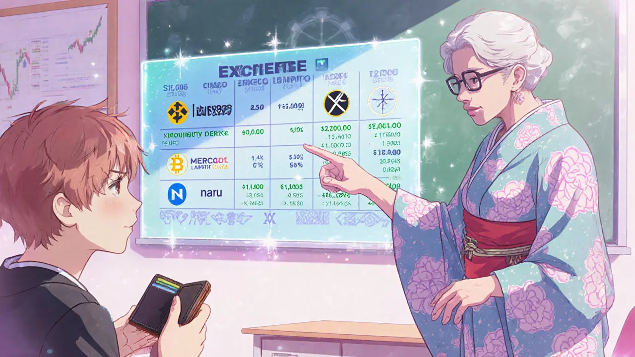 Mentor pointing to a holographic chart comparing crypto exchanges for safe trading.