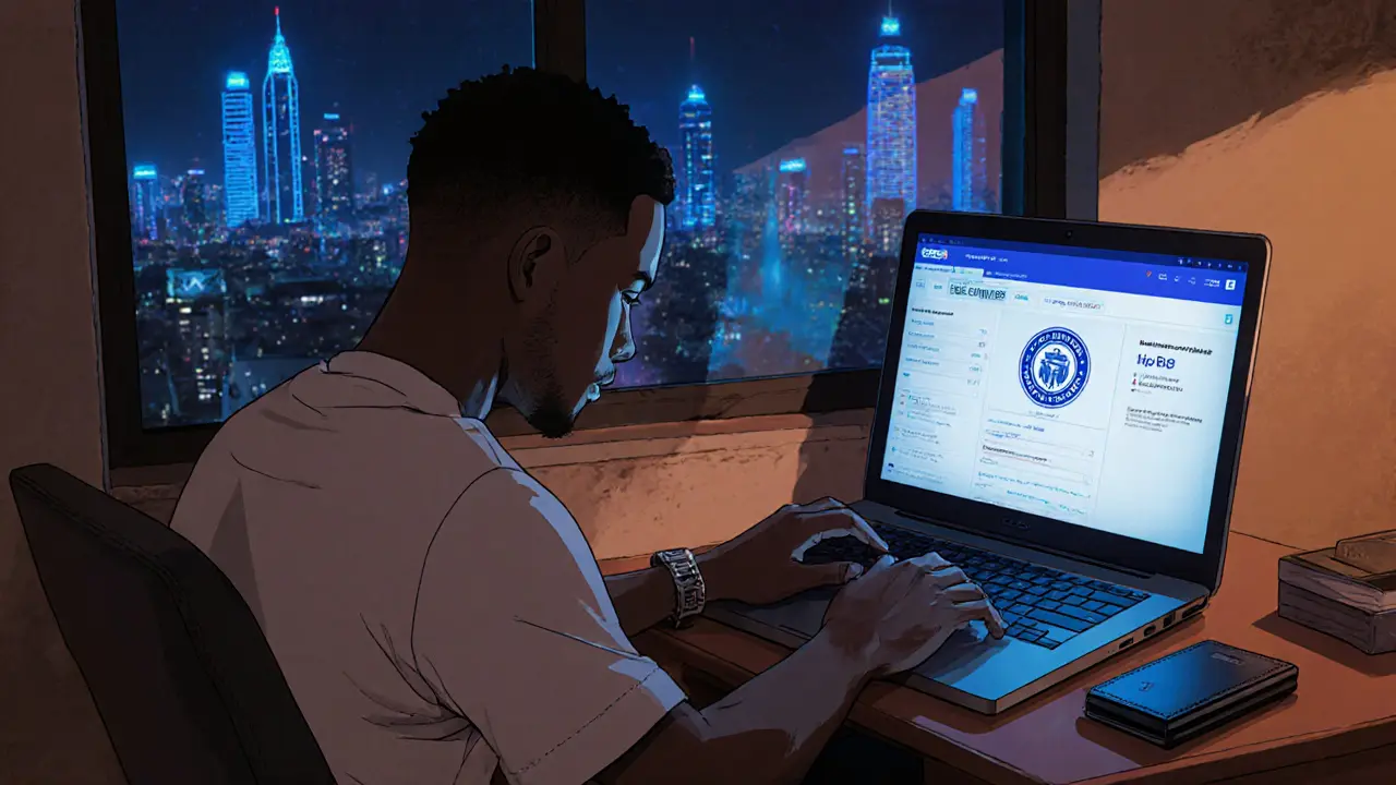 Nigerian trader verifying a crypto exchange’s SEC license on a laptop with a hardware wallet nearby.