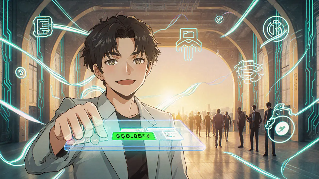 Optimistic future scene with one‑click wallet, low fees and smooth digital transactions.