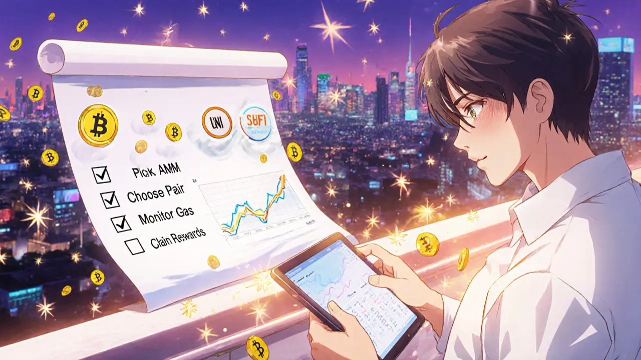 Protagonist views a DeFi dashboard with rising fee graphs and token rewards.