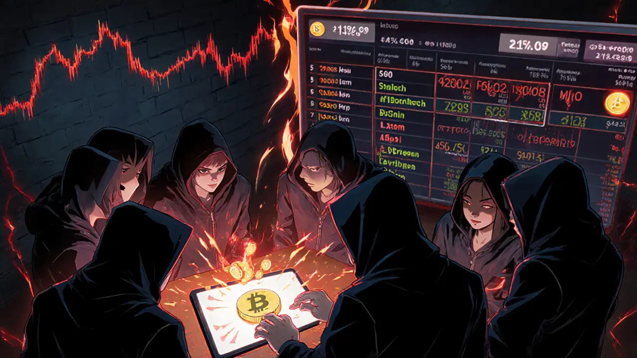 Shadowy figures coordinate a pump‑and‑dump, with massive buy orders appearing then vanishing.