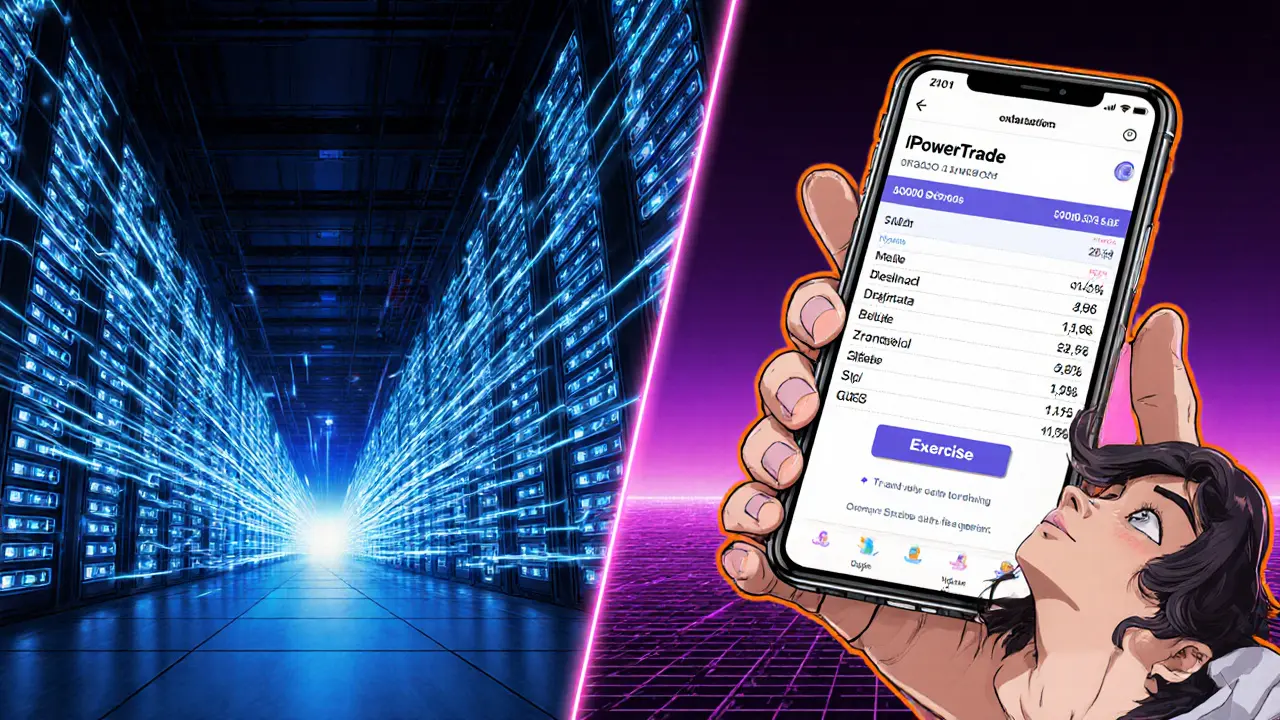 Split view of a fast matching engine and a mobile app showing option chains.