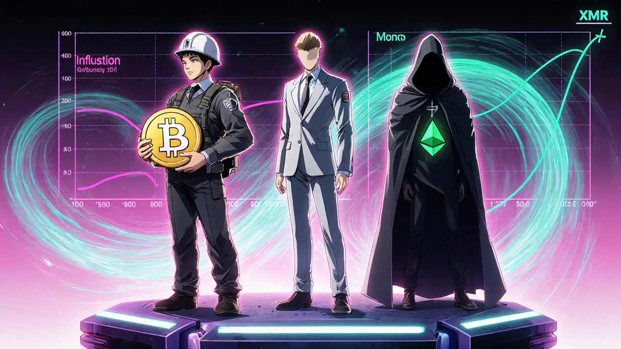 Three characters representing Bitcoin, Ethereum, and Monero with animated inflation graphs behind them.