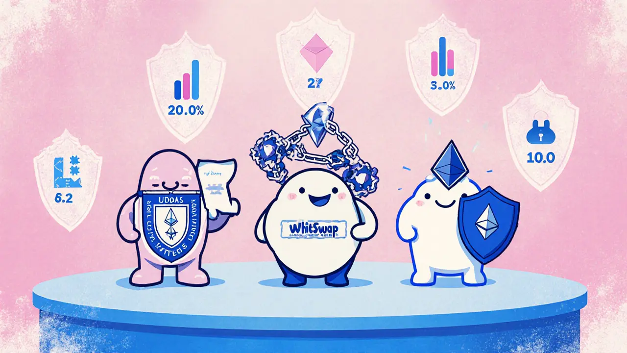 Three exchange mascots compared on a stage showing liquidity and security differences.