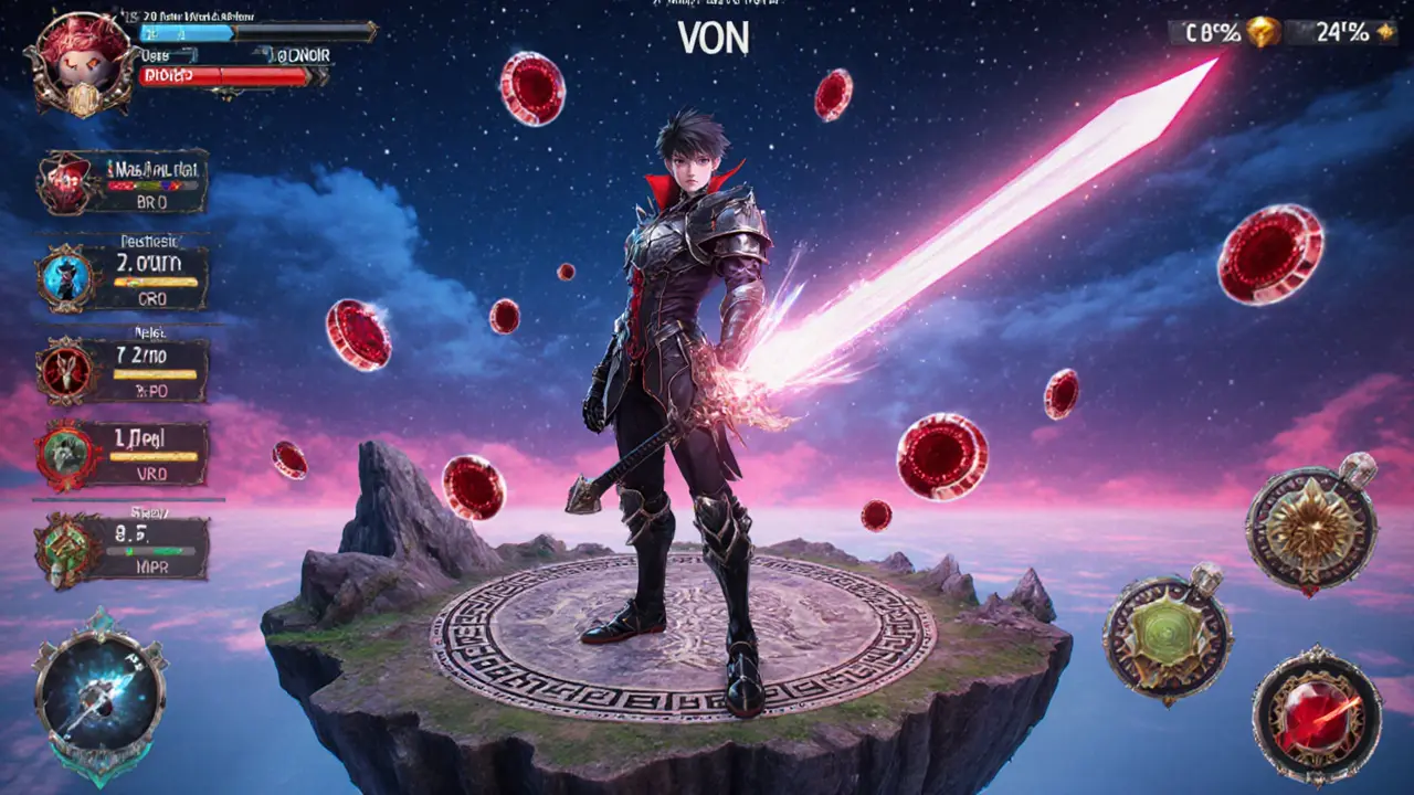 Vampire avatar earning VON coins while completing a quest on a floating island.