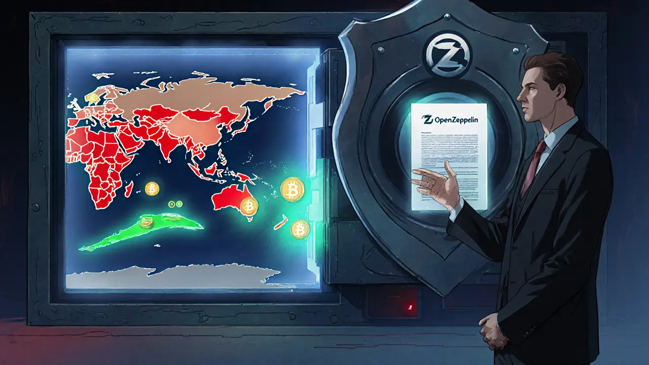 Vault with crypto coins, shield logo, and world map highlighting blocked regions.