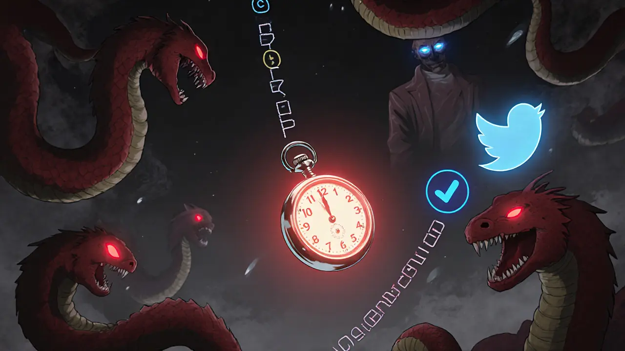 A glowing wallet floats in darkness, avoiding phishing serpents, guided toward a verified Twitter bird.