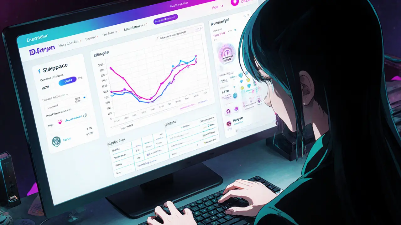Anime character using a wallet to swap tokens on a glowing Dfyn interface with slippage gauge.