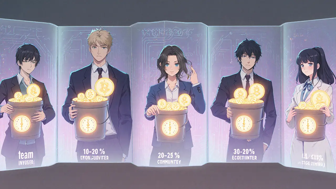Anime figures representing token buckets hold portions of glowing tokens on a holographic scroll.