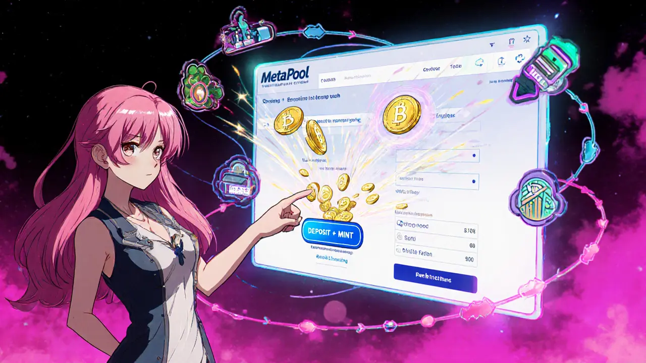 Anime heroine taps Meta Pool UI, converting NEAR coins into floating stNEAR tokens.