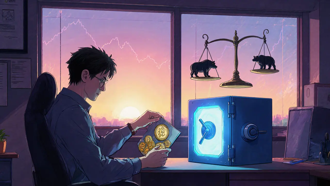Anime illustration of trader moving coins to stablecoins as market shifts, with balanced bull and bear figurines.
