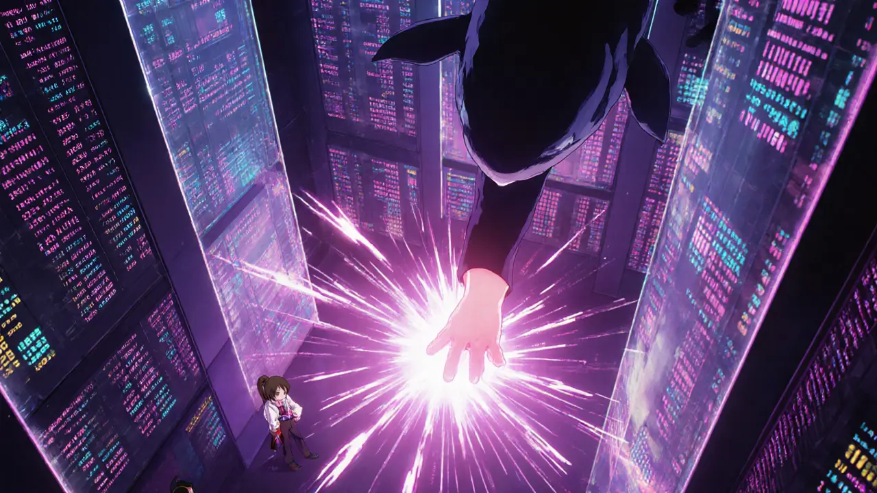 Anime scene of a whale placing a huge order against neon buy/sell walls in a futuristic exchange hall.
