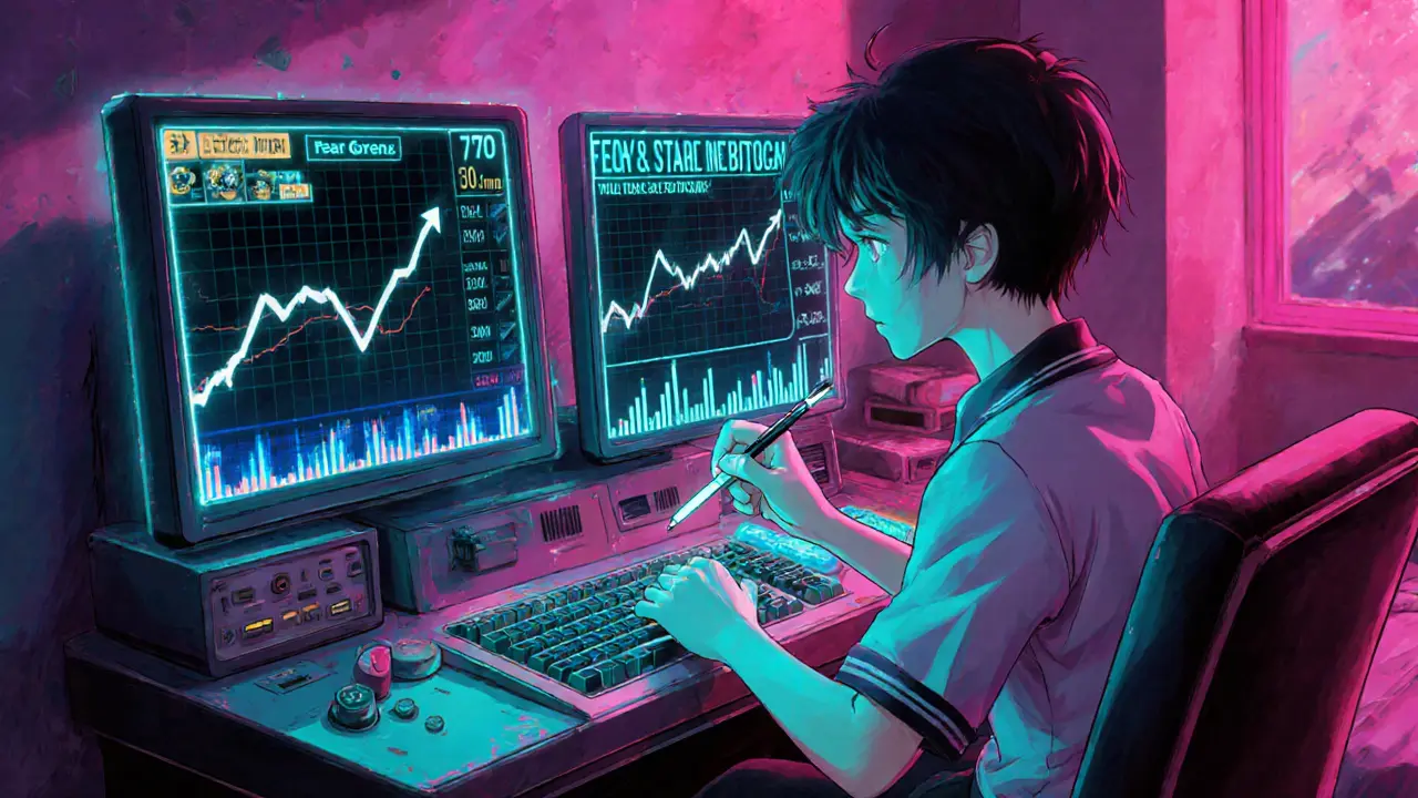 Anime‑style trader analyzing rising crypto prices, high Fear &amp; Greed Index, and positive news on neon screens.