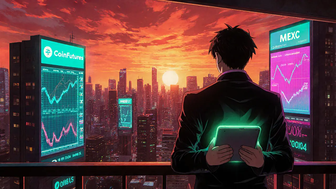 Anime trader stands on a balcony at sunset, viewing holographic billboards of CoinFutures, OKX and MEXC.