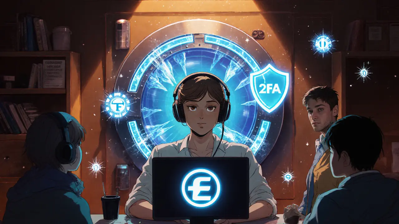 Educator streaming with security vault and floating tip icons in a cozy studio.