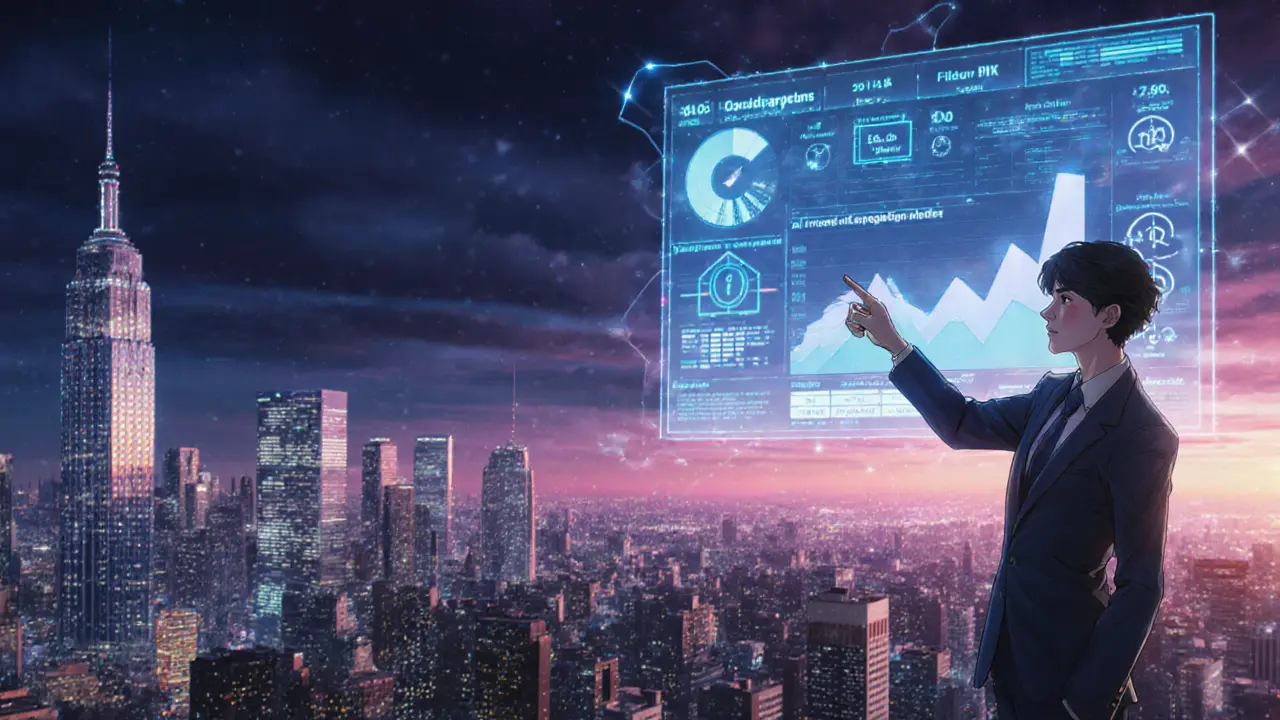 Futuristic cityscape with holographic market forecasts and regulator pointing at KPI display.