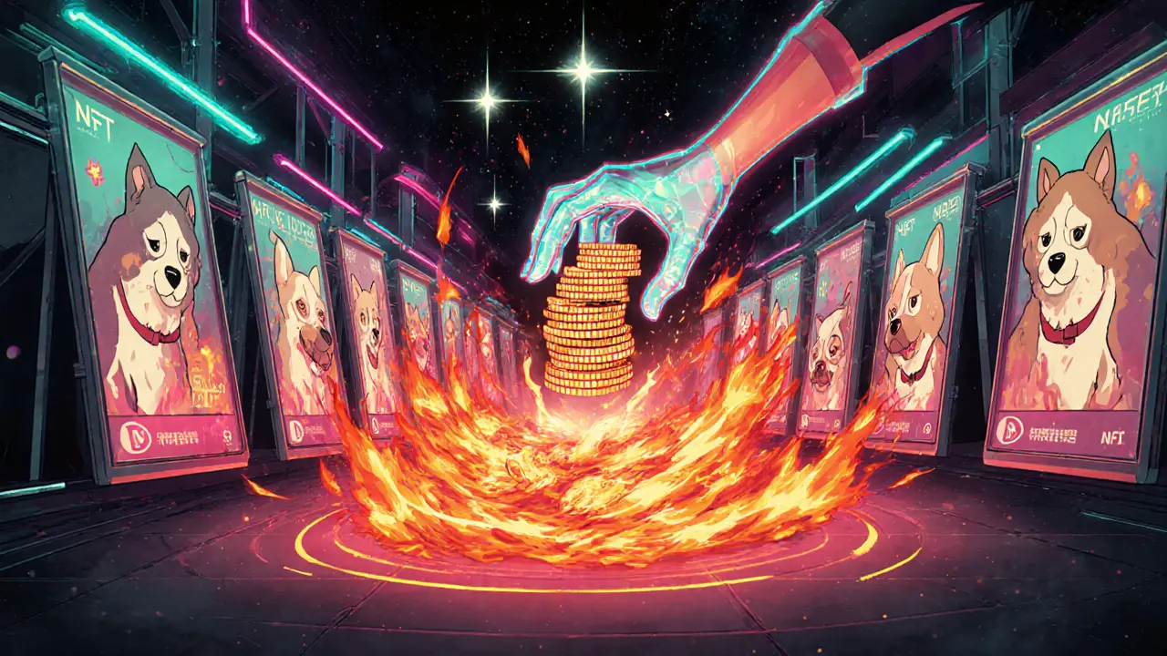 Futuristic NFT marketplace with a vortex burning crypto coins funded by dog-themed NFTs.