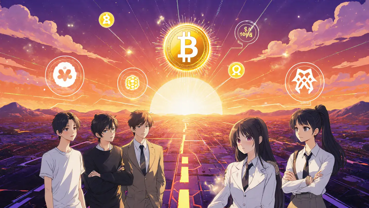 Group of anime figures standing before a roadmap showing future chain integrations and a glowing DFYN token.