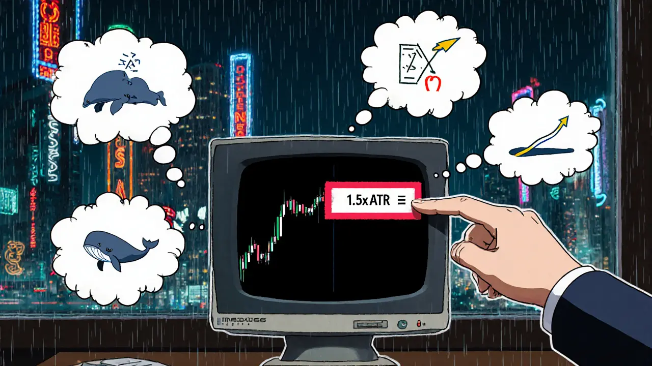 Hand setting a stop-loss on a CRT monitor with anime-style thought bubbles of trading concepts.