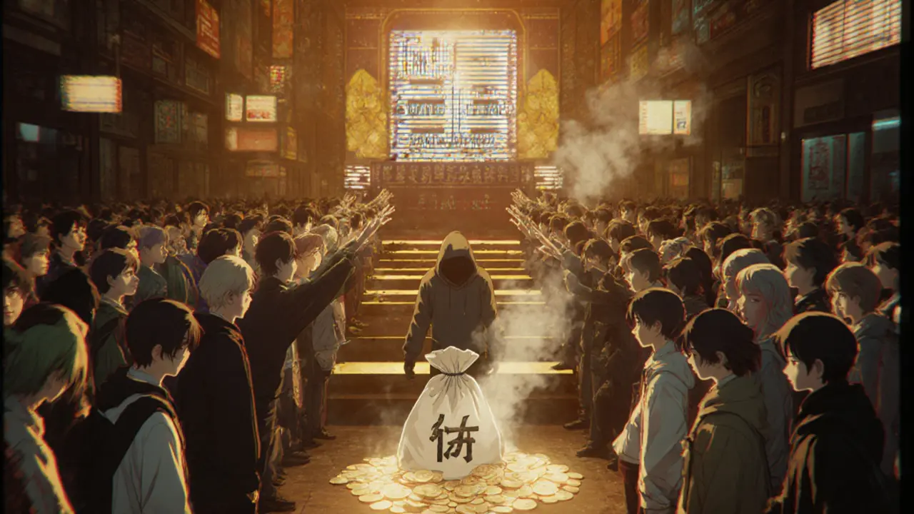 Hundreds of anime characters reach for an empty throne labeled &#039;BXH Unifarm&#039; in a glitching marketplace.