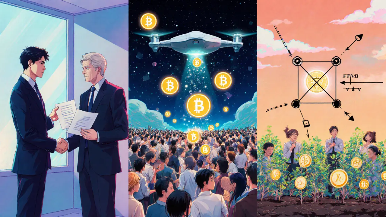 Hybrid distribution scene showing SAFT handshake, airdrop drone, and liquidity mining with voting icons.