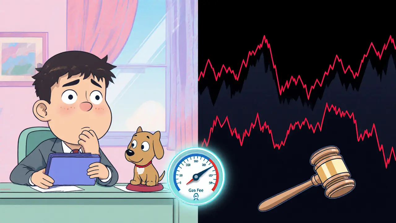 Investor watching a dog mascot while dark shadows of a gavel and volatile price lines appear.