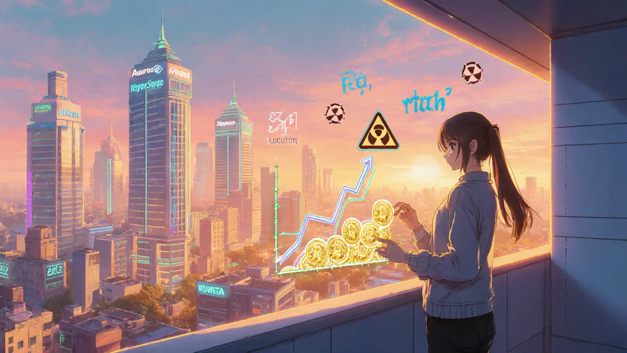 Panoramic cityscape of NEAR ecosystem with character viewing rising APY and risk icons.