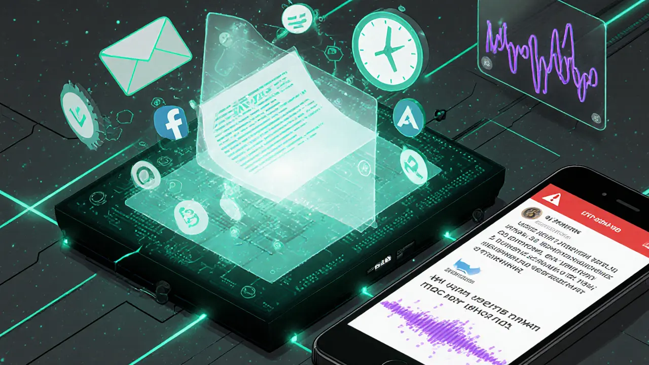 Retro anime AI core generating phishing email, showing smishing with Unicode swap and deepfake audio wave.