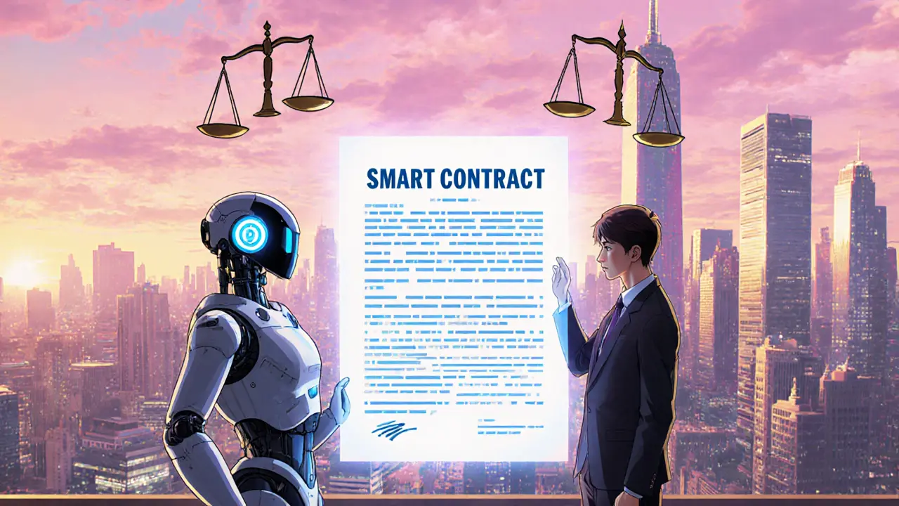 Retro anime AI robot and legal advisor collaborating on a hybrid smart contract in a futuristic city.