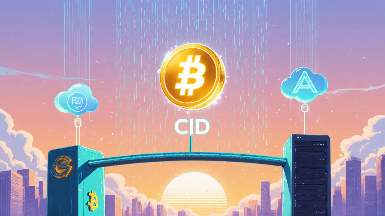 Retro anime bridge linking on‑chain hash to IPFS/Arweave icons with futuristic city backdrop.