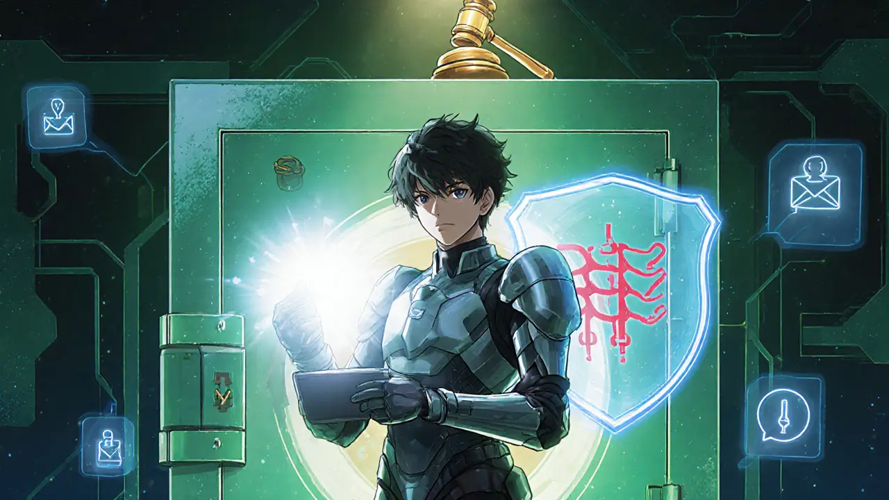 Retro anime cyber‑guardian with hardware wallet, multi‑sig shield, AI detectors, and regulator gavel.