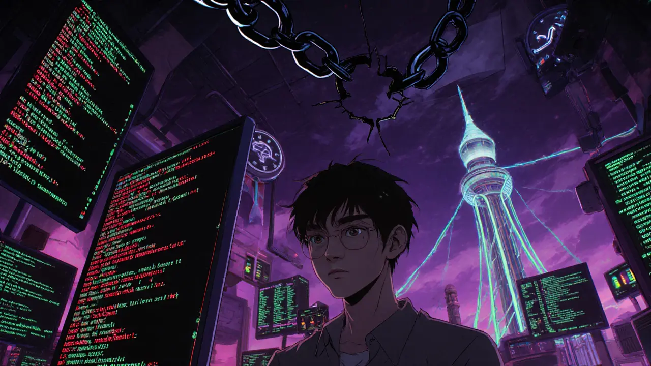 Retro anime developer debugging smart contract code beside a broken chain and oracle data stream.