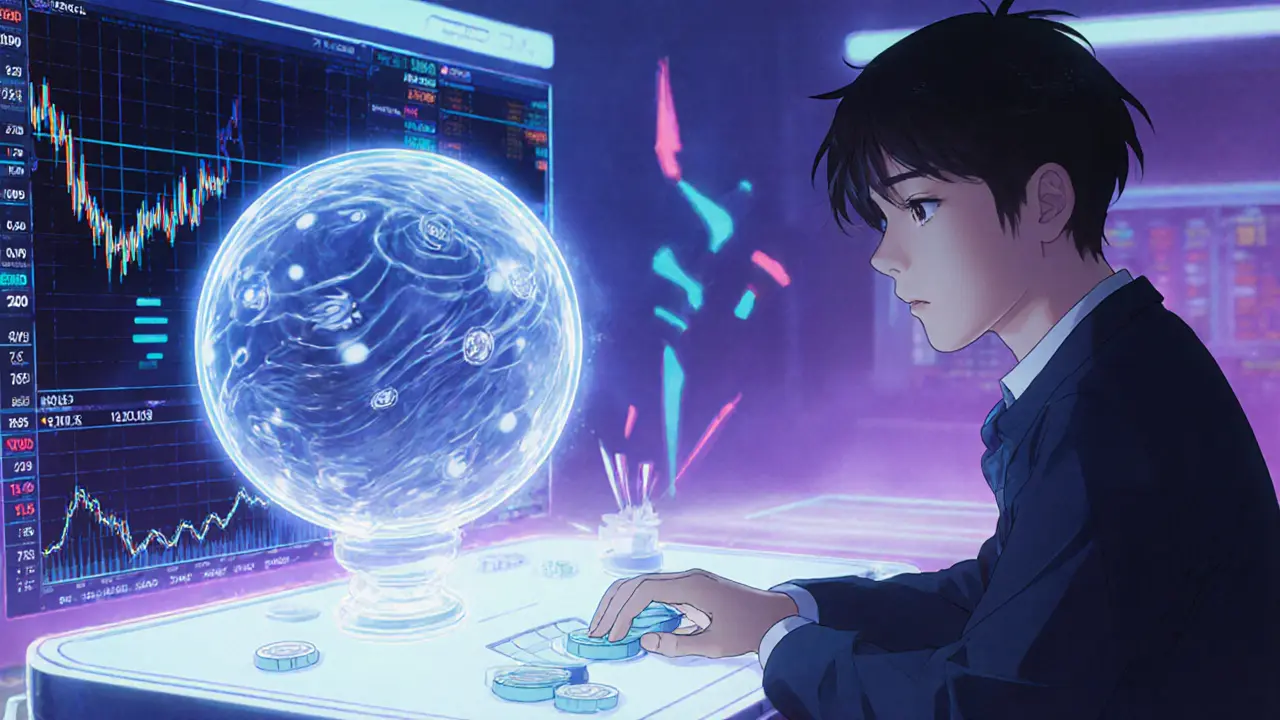 Retro anime figure attempting a token swap on a glowing DEX with empty liquidity pool.