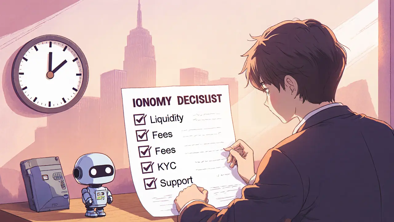 Retro anime of a trader reviewing a checklist on Ionomy&#039;s pros and cons.