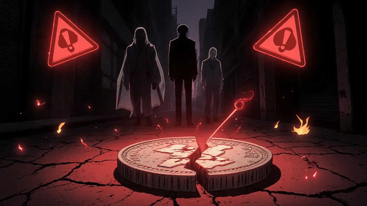 Retro anime scene of a cracked Twiggy coin amid red warning lights, conveying risk.