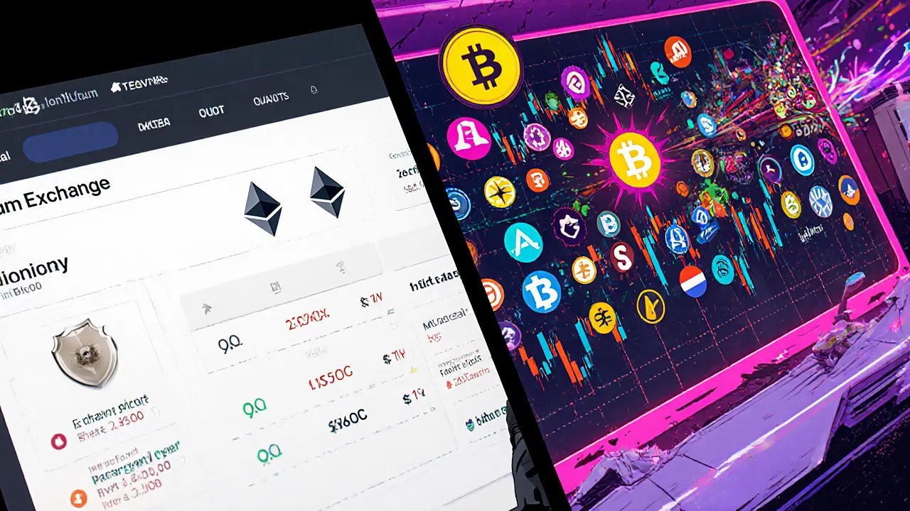 Retro anime split-screen comparing Ionomy&#039;s limited interface to Binance&#039;s full-featured exchange.