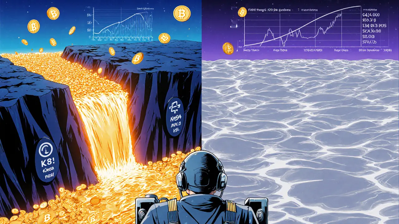 Retro anime split view of a narrow gold river representing concentrated liquidity and a wide silver lake for full‑range pool.