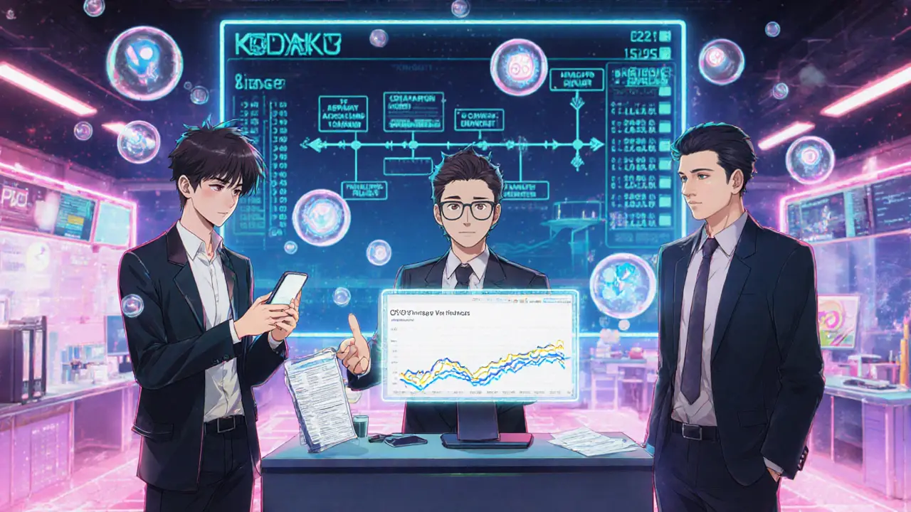 Retro anime trading floor with retail, LP, and institutional traders using holographic Kodiak V3 features and roadmap.
