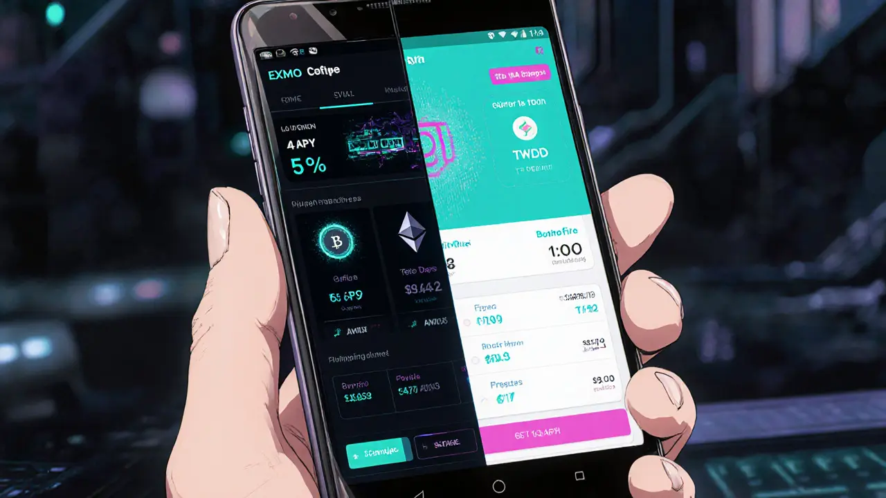 Smartphone showing EXMO dark mode with Bitcoin and BitoPro bright UI with quick trade timer and points swap.