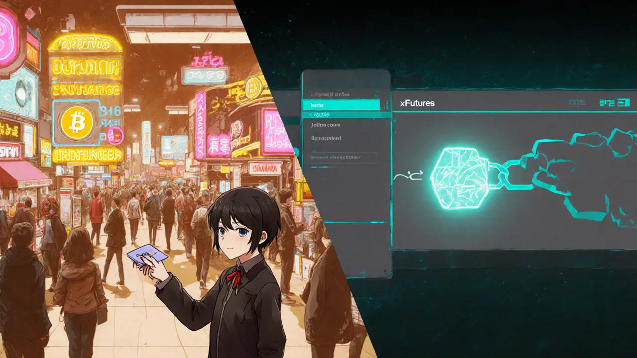Split‑screen anime scene showing a user buying Bitcoin on a fiat exchange then transferring it to a stark xFutures platform.