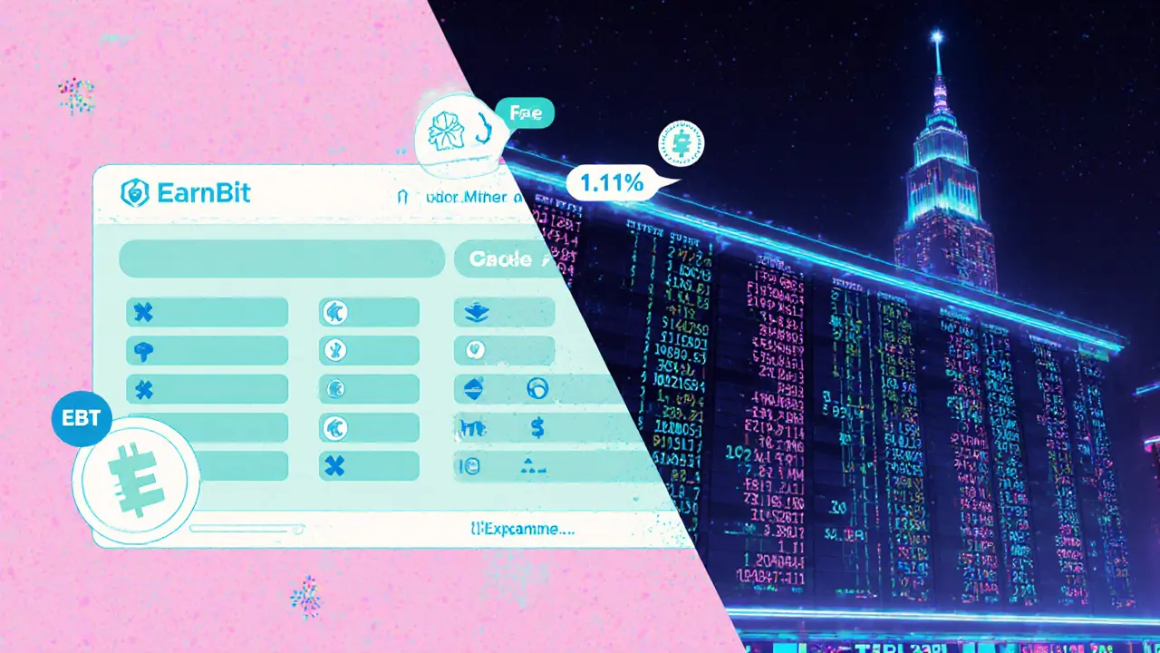 Split view showing EarnBit&#039;s limited coins and 0.15% fee versus a huge exchange.