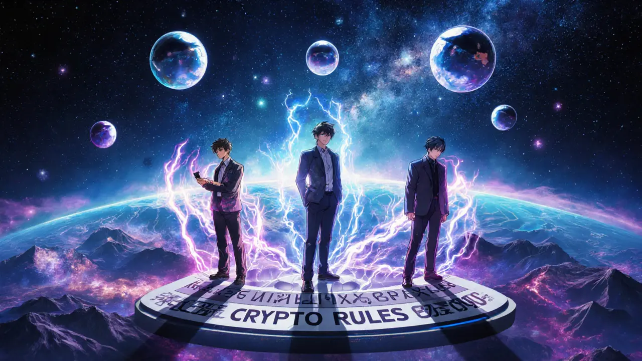 Three traders in cosmic arena representing different stop-loss strategies in 2025 crypto.