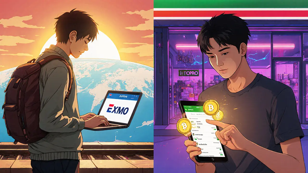 Traveler using a global crypto platform and Taiwanese shopper using a local exchange, illustrating choice between EXMO and BitoPro.